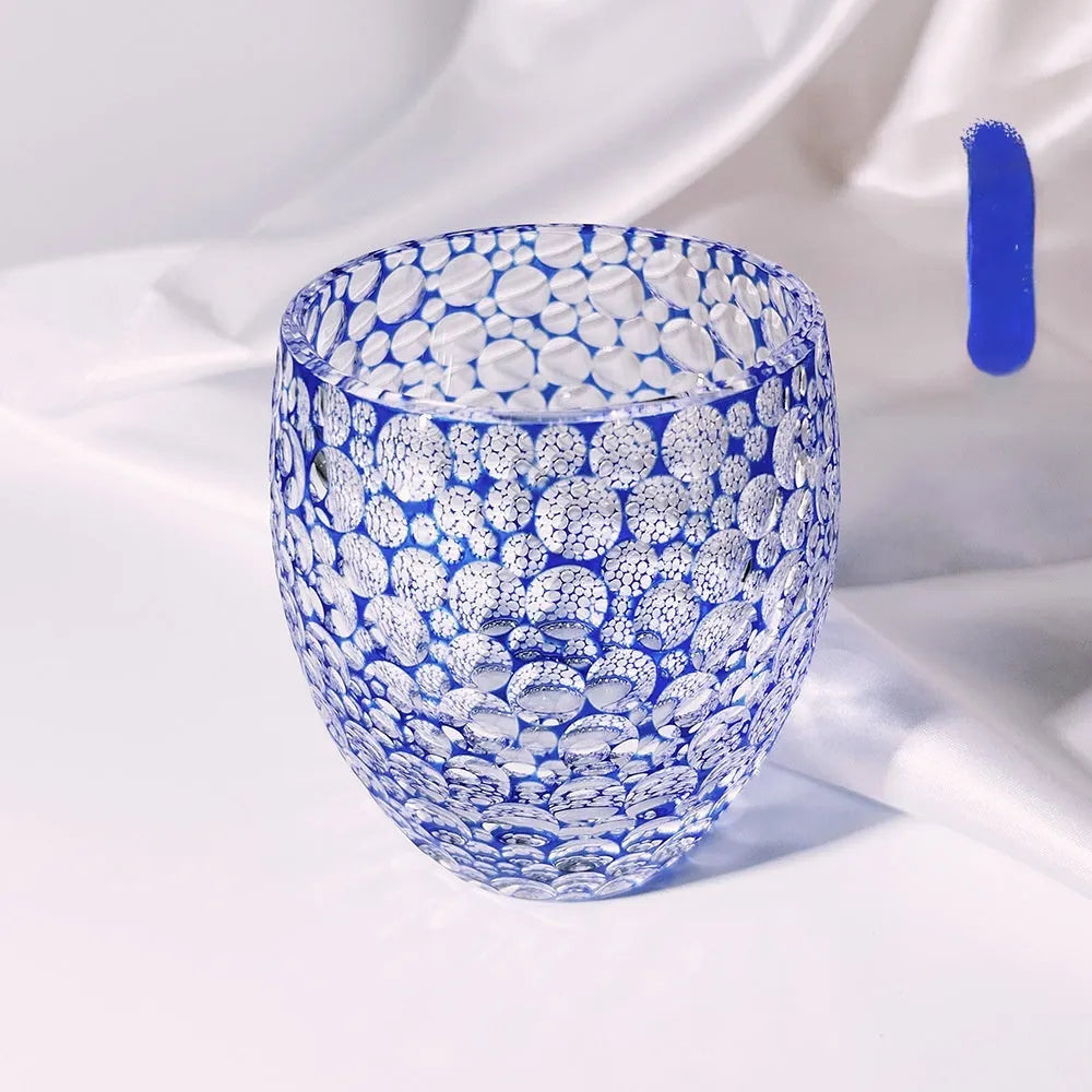 Sapphire blue hand carved crystal glass wine cup with Jianghu cut bubble pattern and 201-300ml capacity