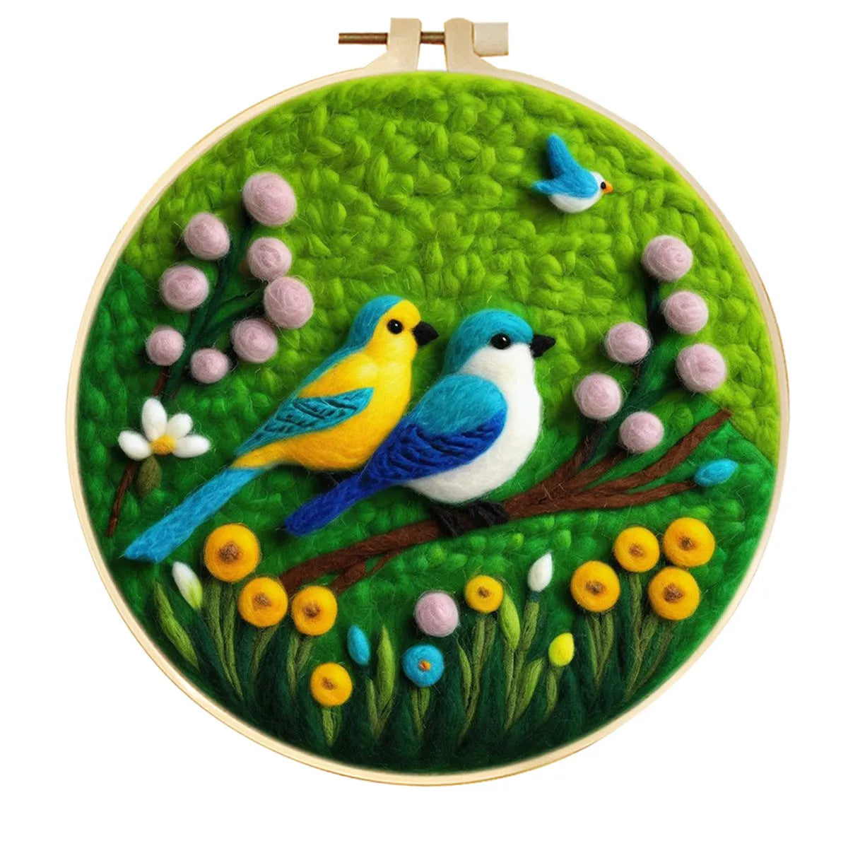 Round 20x20 cm linen embroidery kit with wool felt pieces for floral design and included embroidery frame.