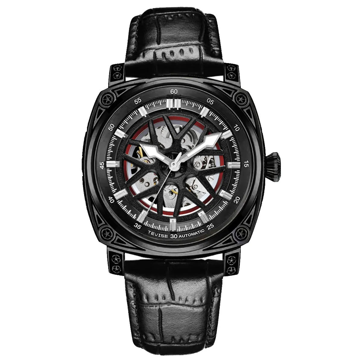 Men's stainless steel automatic watch with a blue leather strap showing time on dial.