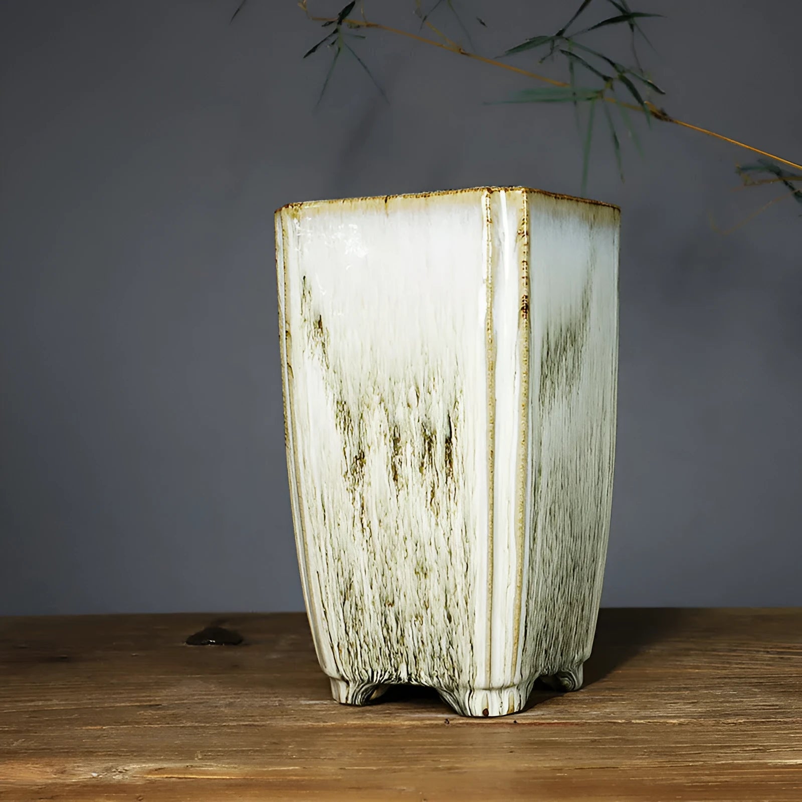 Lingnan Shiwan ceramic glazed light colour square sign tube flowerpot handmade fired