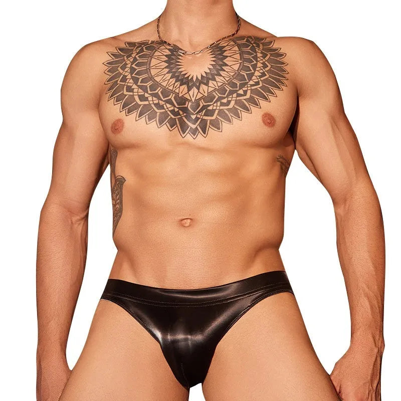 Men's black shark skin lace briefs, free size, hip-hugging style.