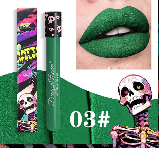 Halloween creative makeup lip gloss in skull test tube packaging with gold and silver matte shades