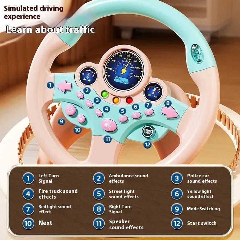 Children's steering wheel early education toy with music and lights, plastic, 25.5x25.5cm, pink traffic version