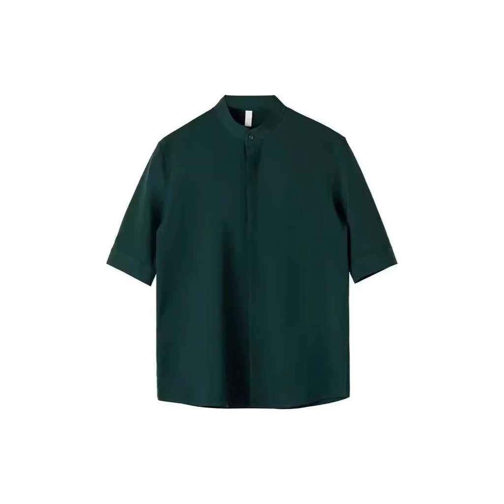 Men's thin stand collar short sleeve shirt in white, half sleeve polyester blend casual top
