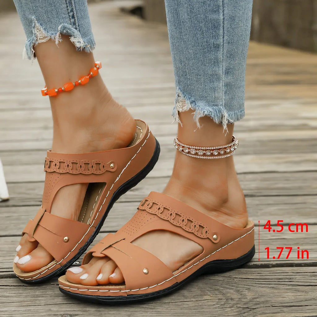 Roman style slope heel slippers with fish mouth toe holder in multiple colour options