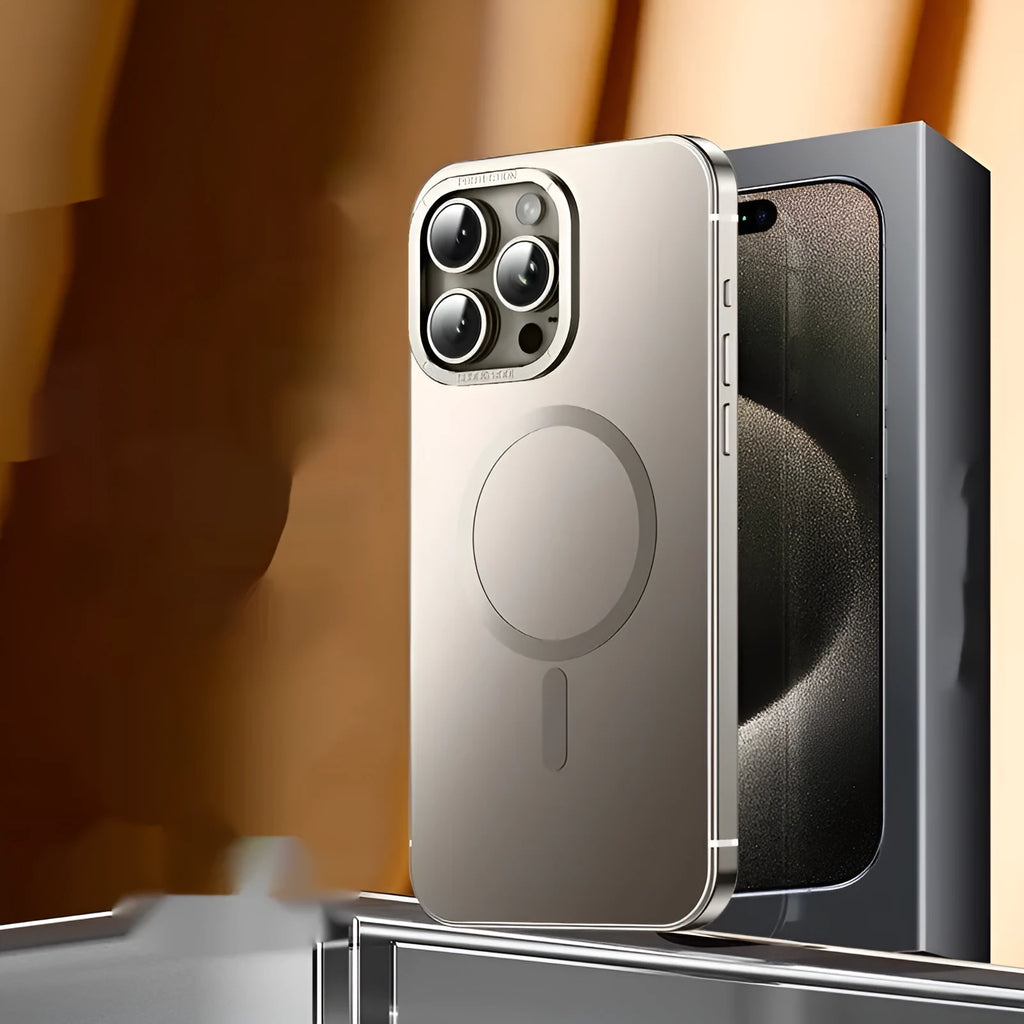 Magnetic suction iPhone case with stainless steel acrylic half-pack in Desert Gold colour for iPhone 15 Pro Max
