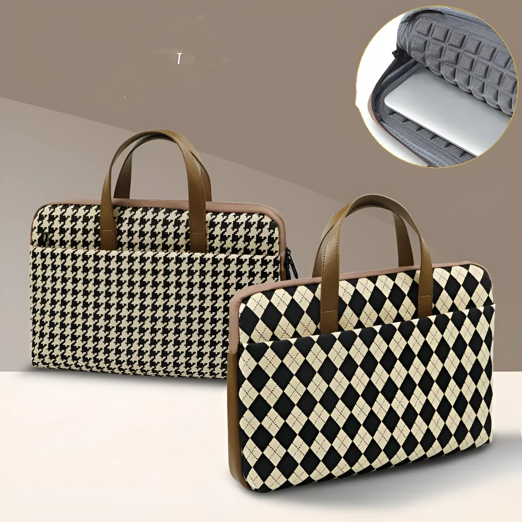 Protective padded laptop sleeve with airbag lining, zip closure, and leather carry loop, Diamond Apricot colour