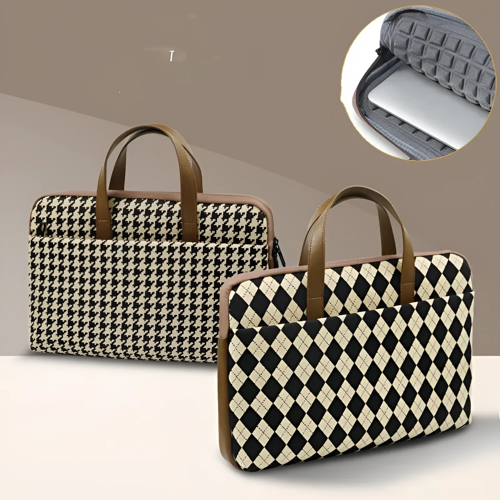 Protective padded laptop sleeve with airbag lining, zip closure, and leather carry loop, Diamond Apricot colour