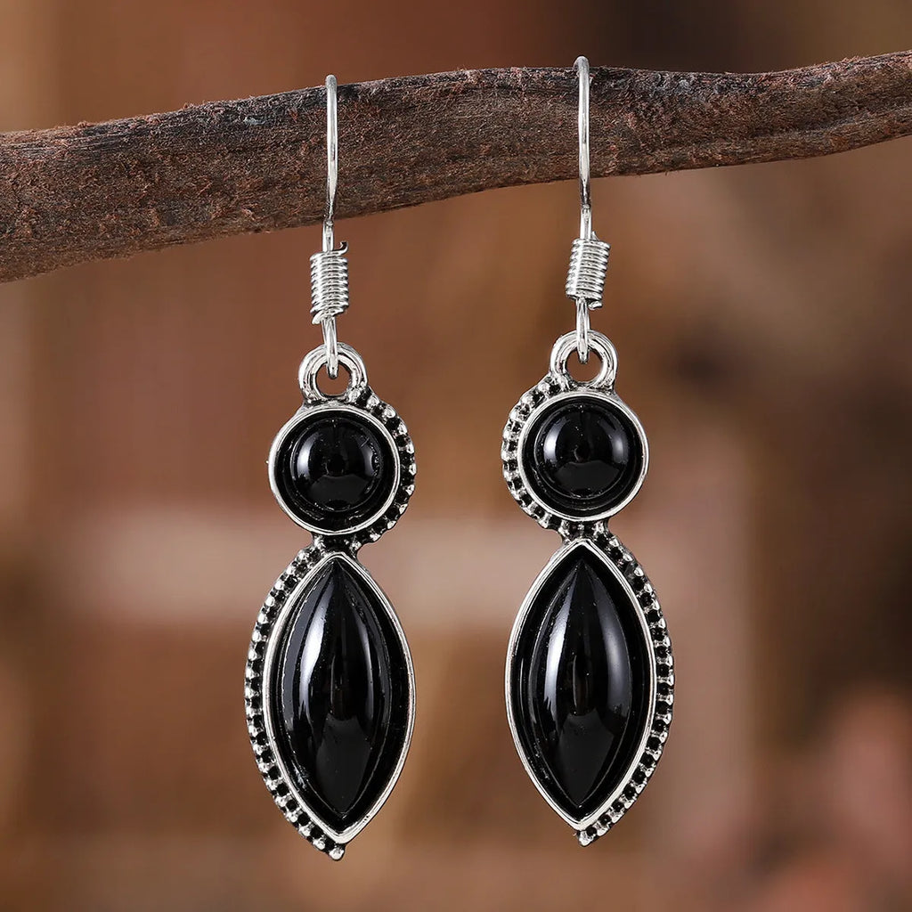 Vintage geometric earrings with black and purple electroplated finish, zinc alloy construction with retro bohemian styling
