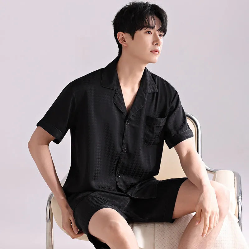 Men's ice silk pyjamas set showing cardigan top and shorts in satin jacquard pattern