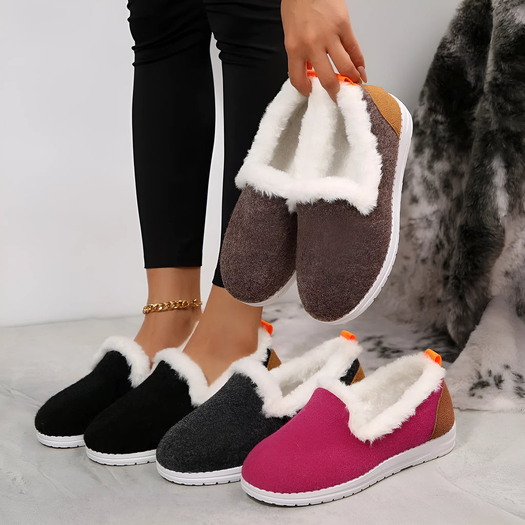 Women's Korean style thick soled short tube cotton shoes in light brown suede with plush lining