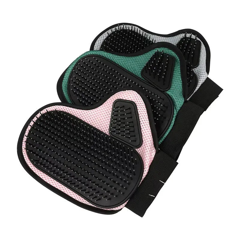 Gray pet grooming glove with silicone massage tips for removing loose cat and dog hair