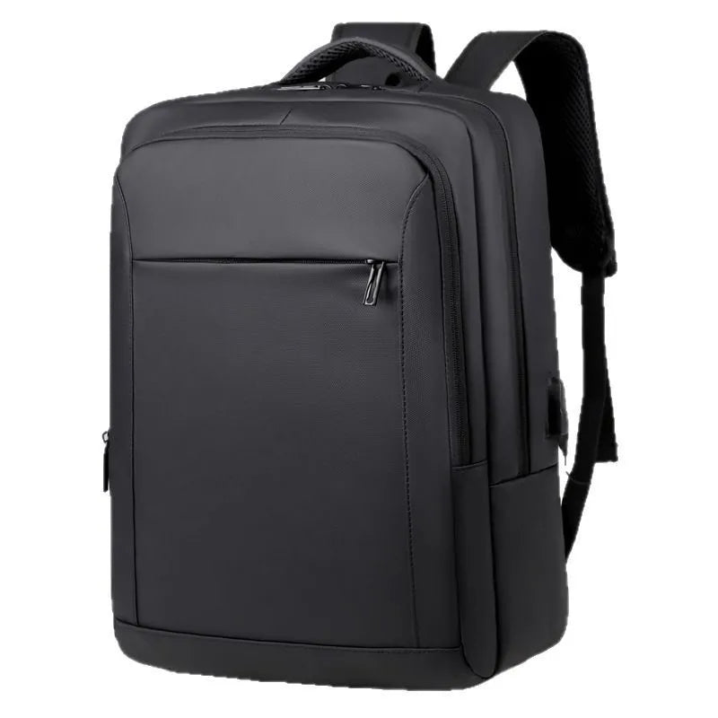 Black waterproof USB laptop backpack with air pillow belt and polyester lining