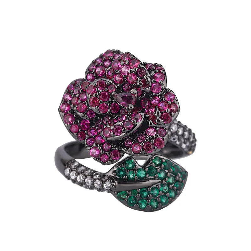 Women's black gold geometric flower personality ring with simulated red corundum stone