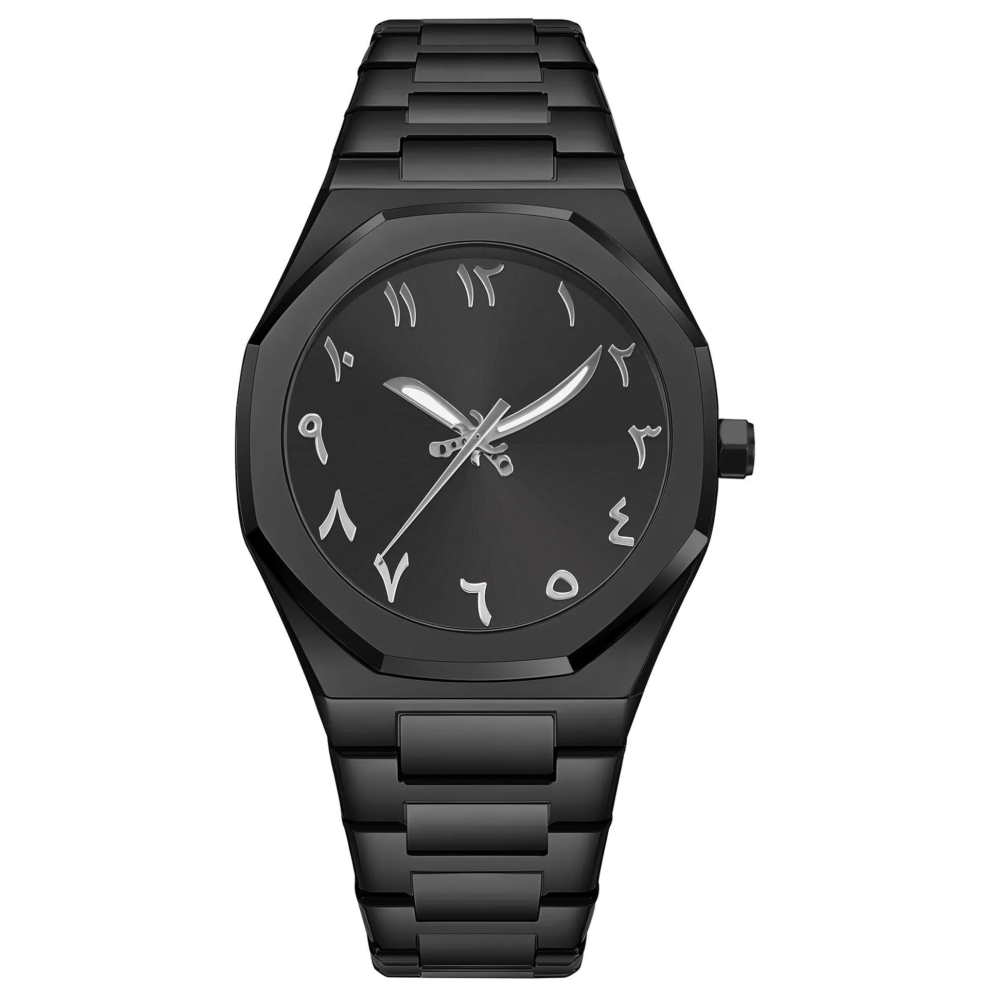 Business casual men's watch with steel strap and quartz movement, shown in black, silver, and black silver scale colour options.