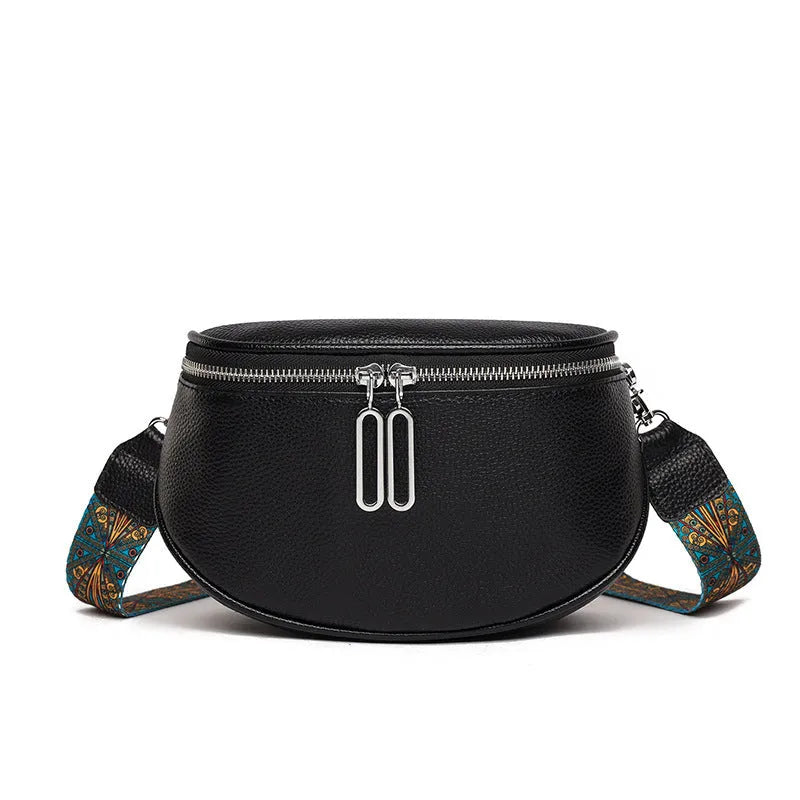 Women's soft PU messenger bag in saddle shape with single shoulder strap and internal organisation