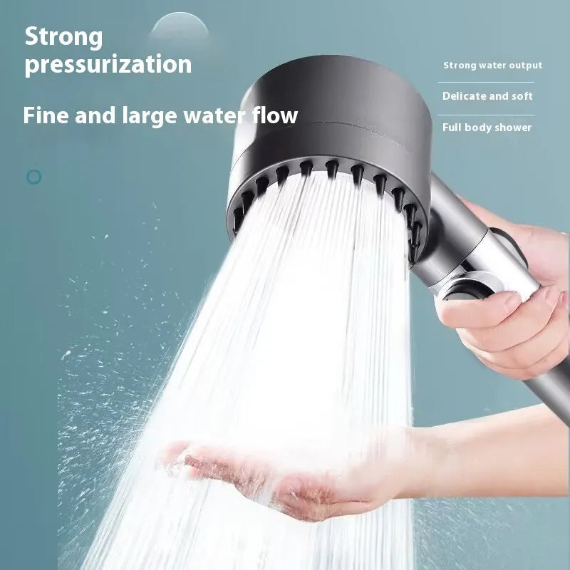 Portable ABS plastic shower head with three-setting dial for spray, massage, and rainfall modes.