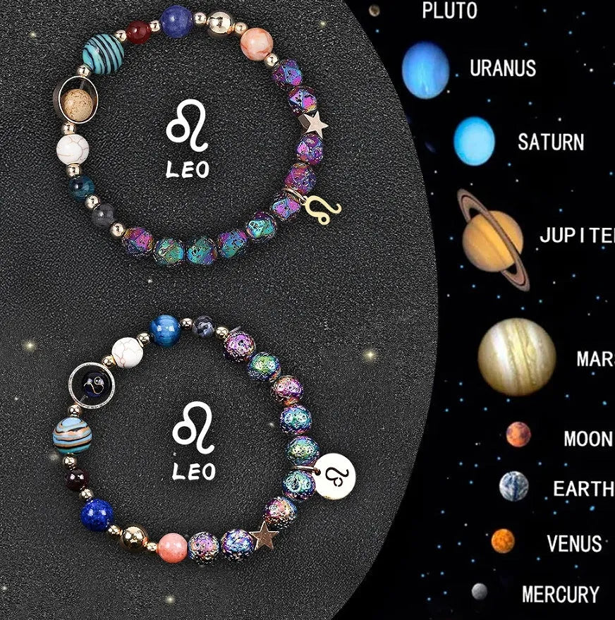 Pair of natural stone beaded bracelets with zodiac charms on an adjustable cord.