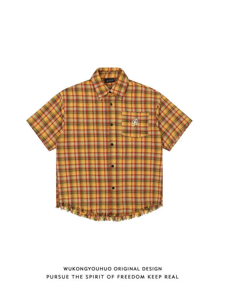 Yellow checked button-down shirt with embroidered pocket on chest