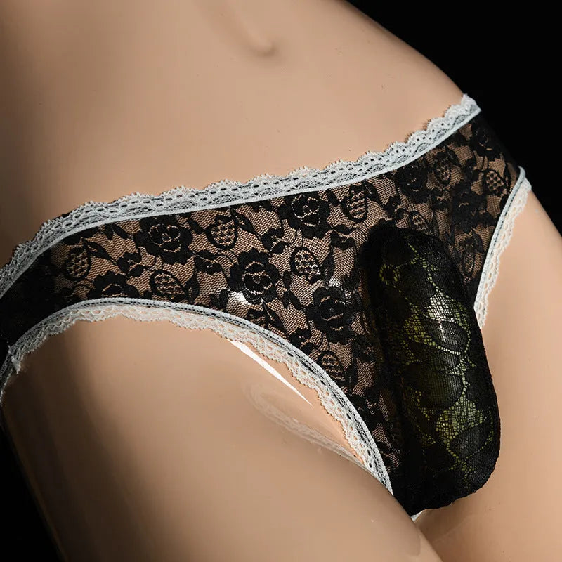 Men's lace underwear with vertical bag egg design in low-waist triangle briefs