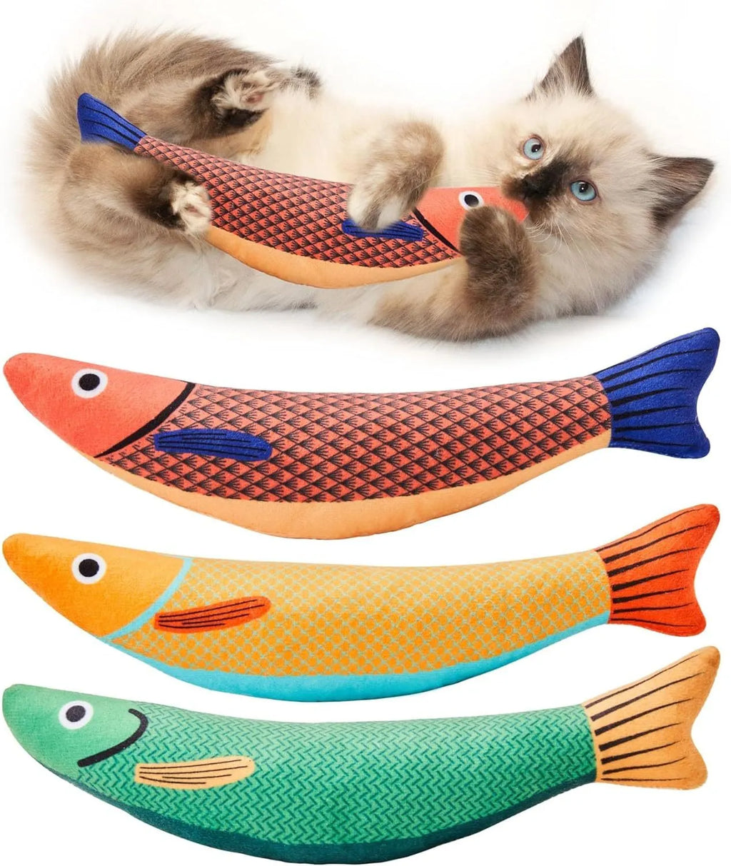 Green orange yellow catnip fish kicker toy measuring 24cm with soft plush material for indoor cat exercise