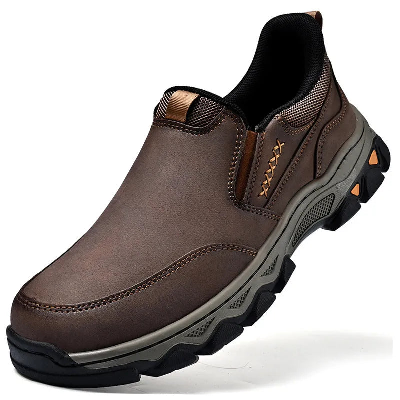 Men's dark brown casual shoes with PU leather upper and rubber sole shown in round toe flat heel design