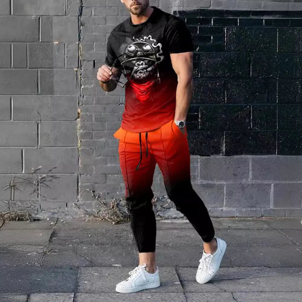 Men's slim-fit two-piece sports suit with short sleeve printed t-shirt and matching trousers in polyester blend fabric