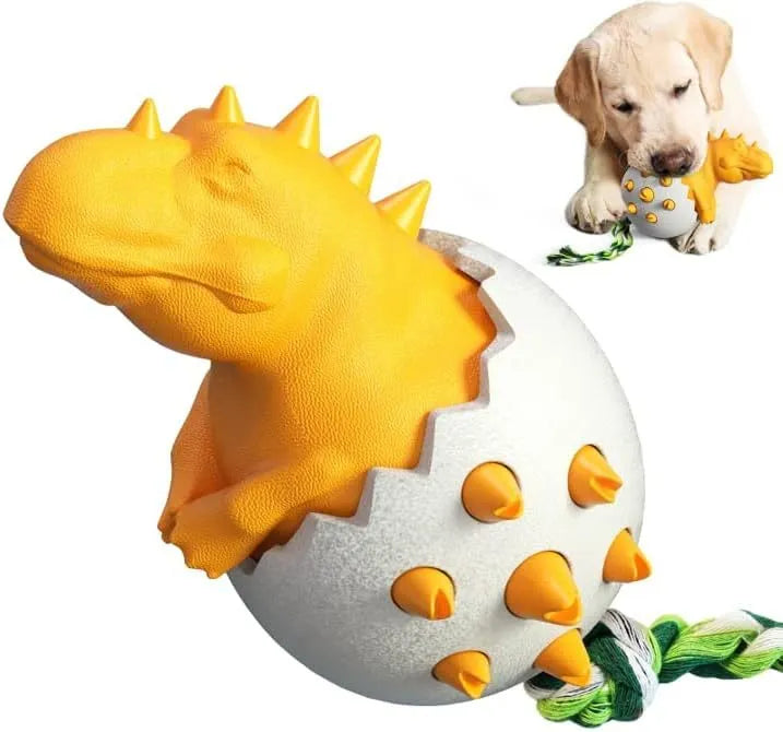 Blue durable dinosaur-shaped dog chew toy with textured grooves and an attached rope for aggressive chewers