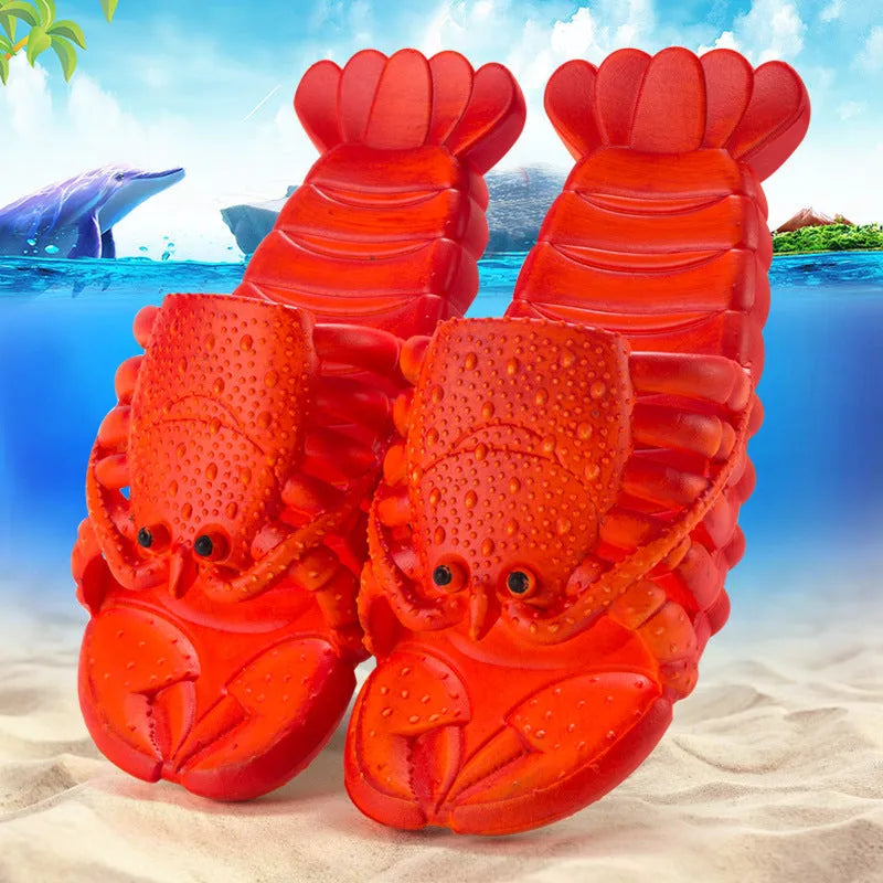 Cute red lobster-shaped PVC slippers for unisex wear, solid colour with flanging detail on patent leather upper