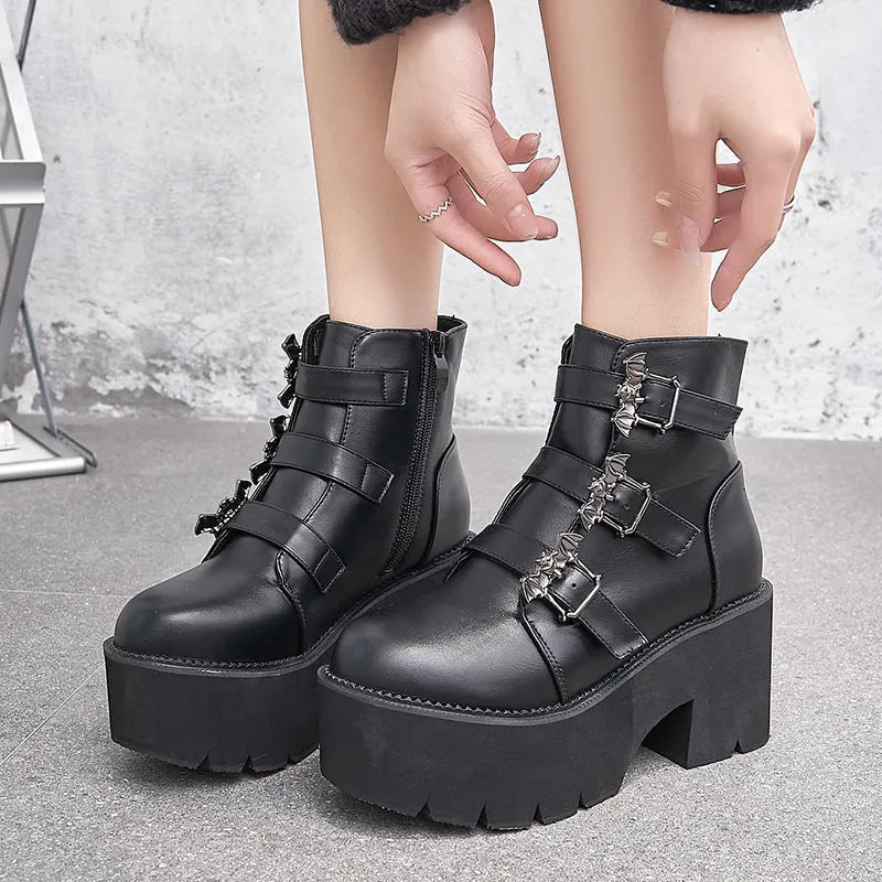 Black women's punk gothic Martin boots with side zipper and thick heel