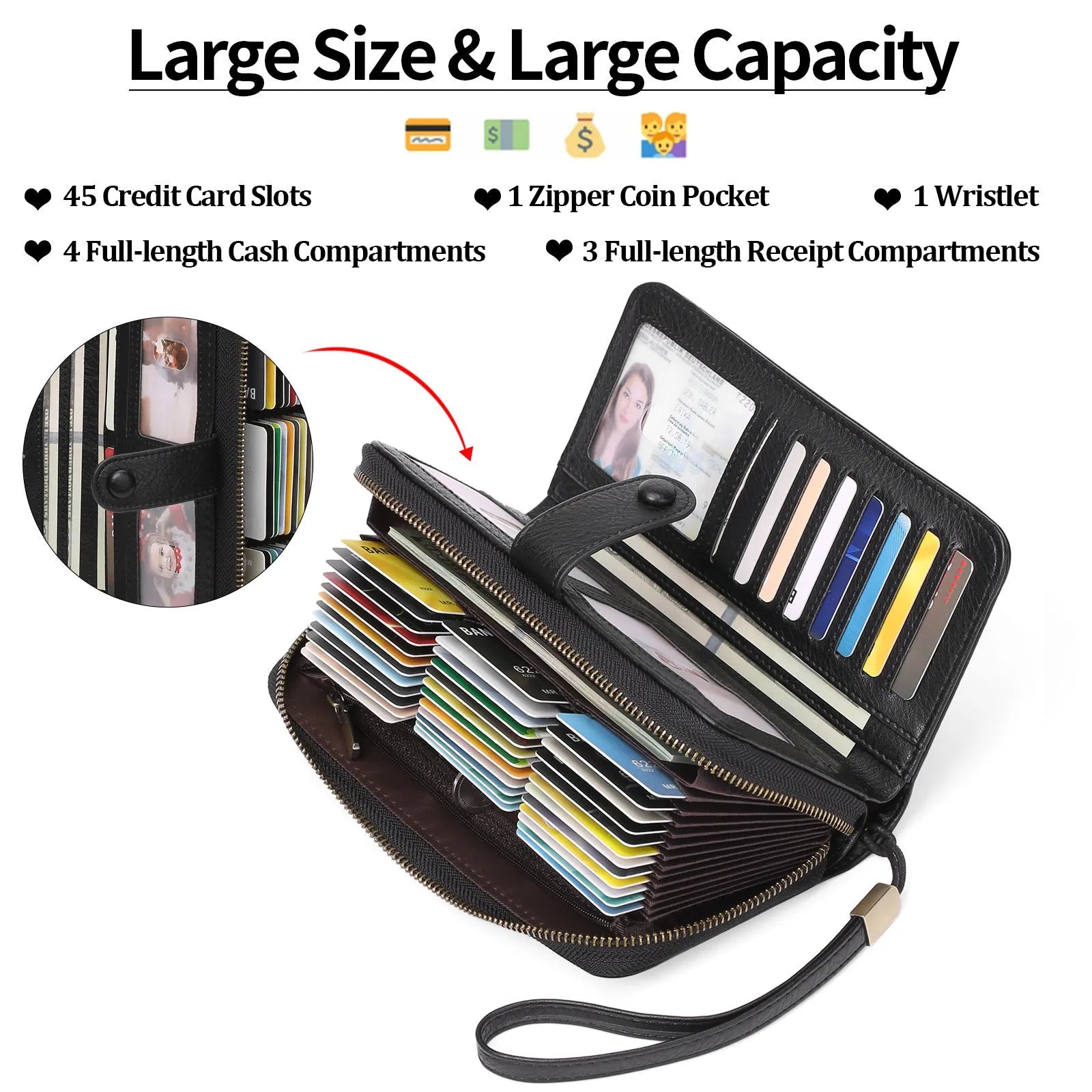 Expanding card holder women's long wallet passport bag in PU synthetic leather with anti-theft swiping