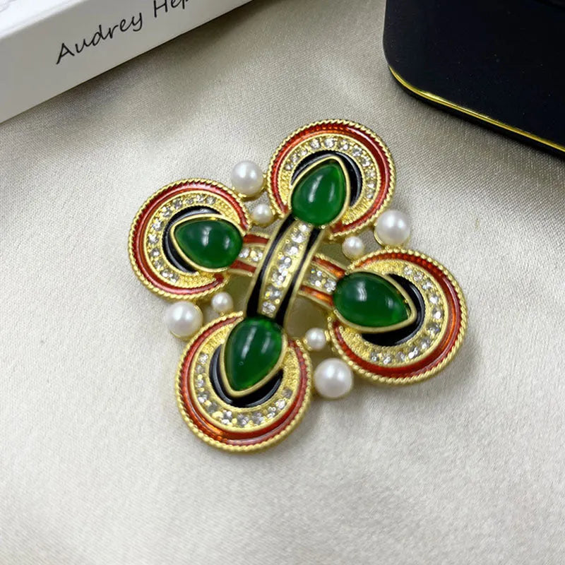 Medieval-style baroque cross brooch with crystal accents on zinc alloy in vintage design