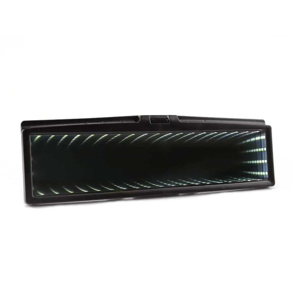 280mm wide car flat rearview mirror in blue plastic with integrated 3D lighting strips, shown mounted in a vehicle.