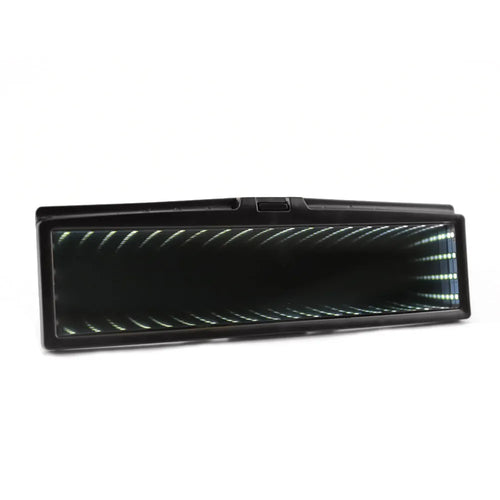 280mm wide car flat rearview mirror in blue plastic with integrated 3D lighting strips, shown mounted in a vehicle.