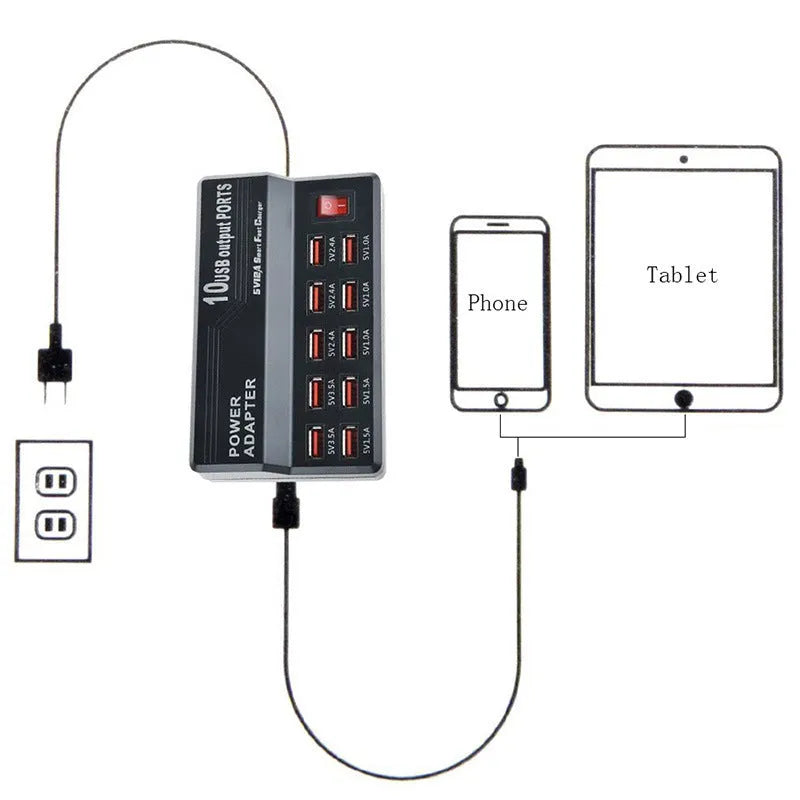 Black 10-port USB charging power strip with smart charging and aluminium heat dissipation, shown with multiple cables connected