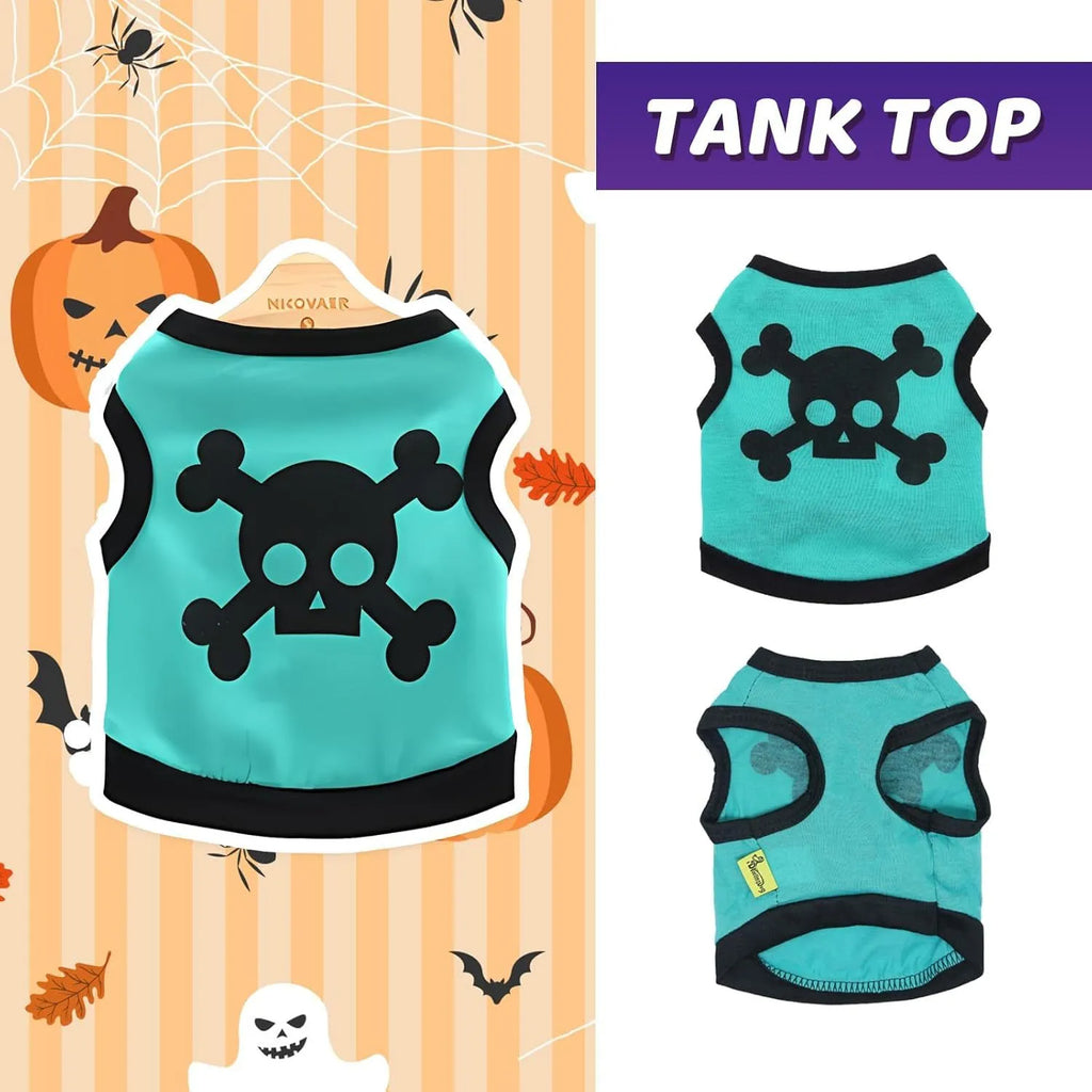 Pack of five Halloween dog vests in blue, orange, and purple with skull and bones pattern on white background