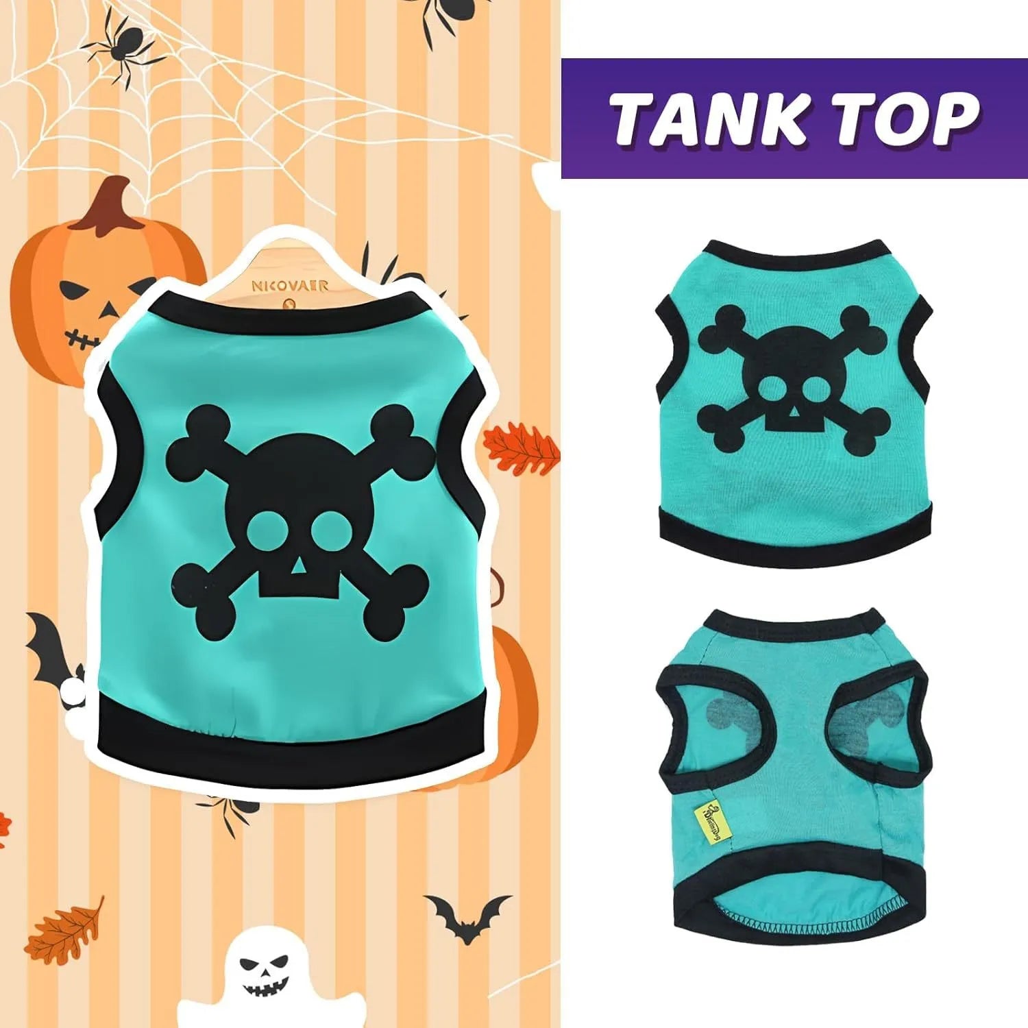 Pack of five Halloween dog vests in blue, orange, and purple with skull and bones pattern on white background