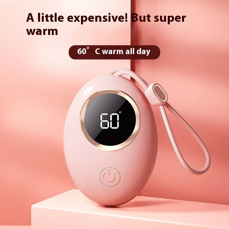 USB-powered hand warmer power bank with digital display in various colour options.