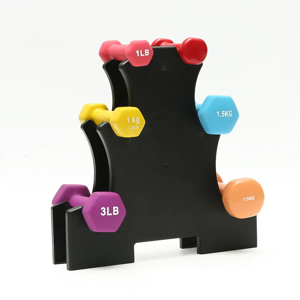 PVC fitness dumbbell rack holder stand for home gym storage with dumbbells placed on it.