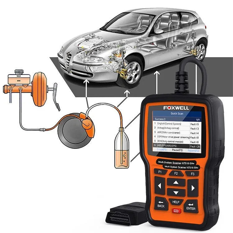 Foxwell NT510 orange and black automotive diagnostic scanner with data cable for vehicle fault detection