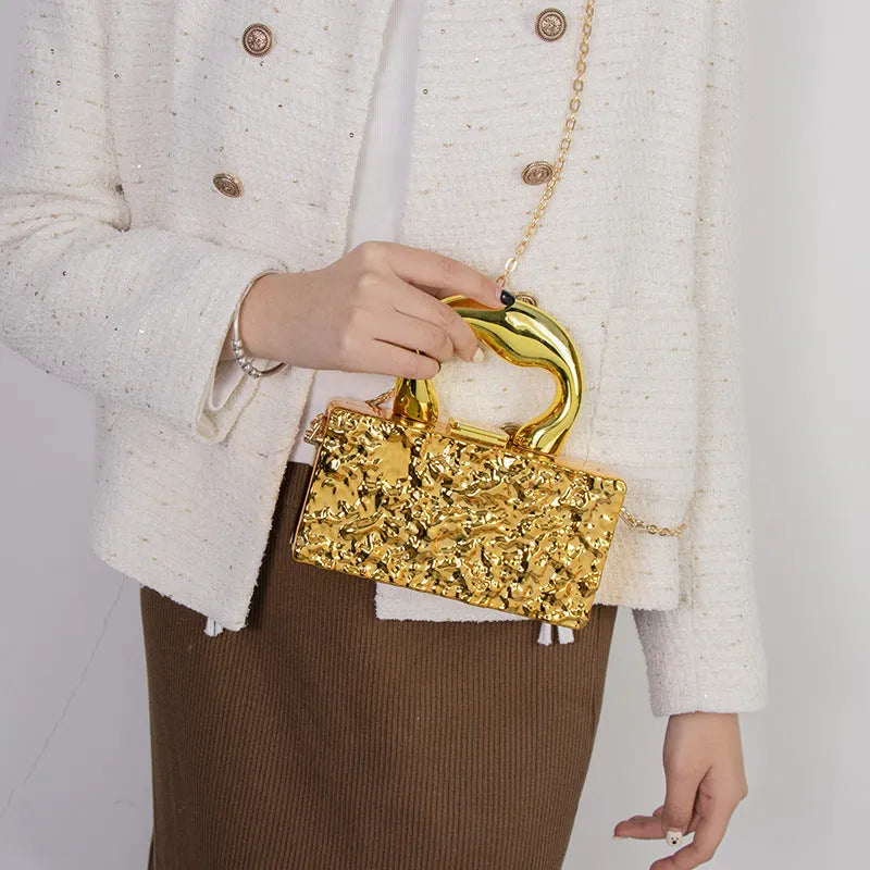 Mini acrylic crossbody bag with gold chain, horizontal square shape, retro style, Golden Ripples colour