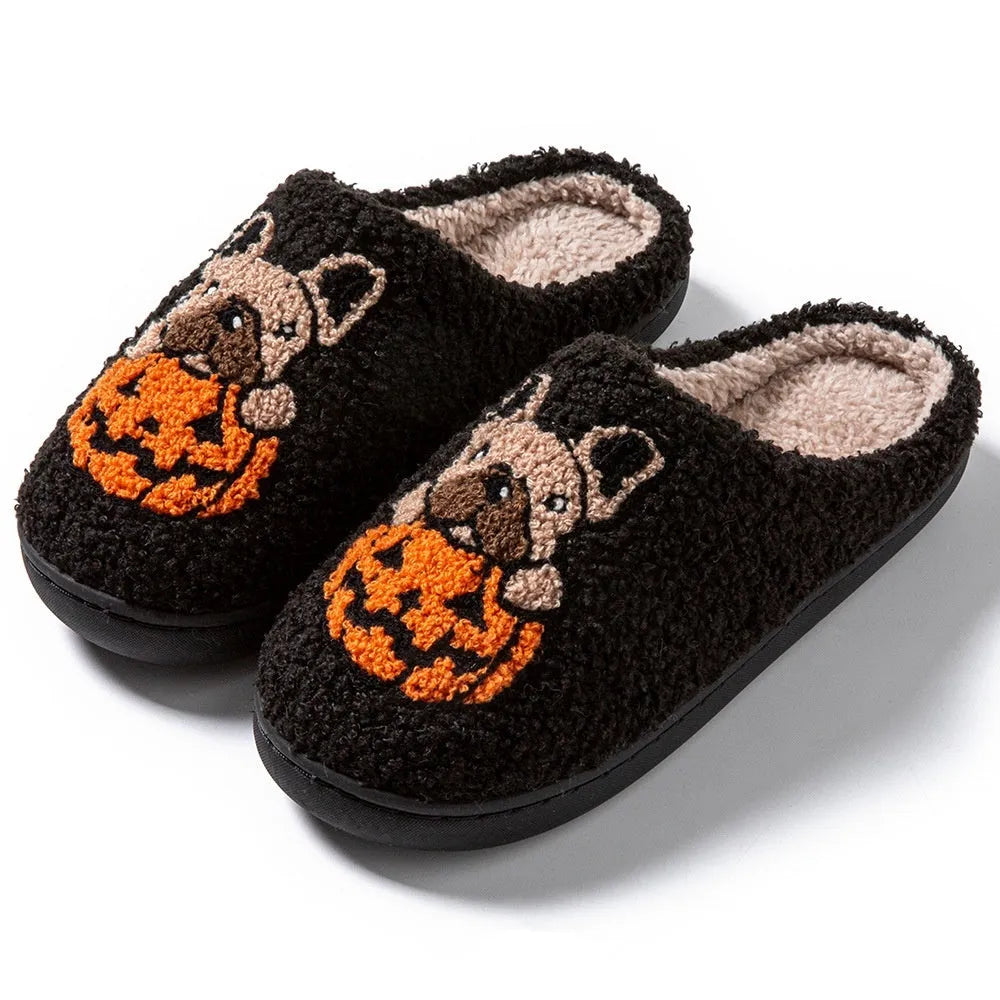 Halloween pumpkin pattern plush slippers with non-slip TPR rubber soles in black and white colours