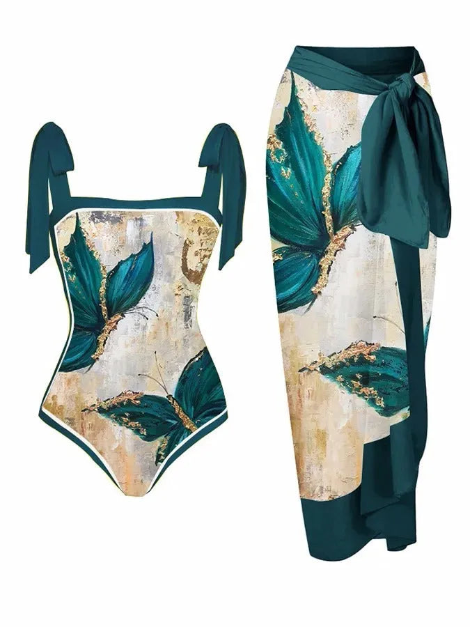 Women's floral print chiffon swimsuit with matching skirt for swimming