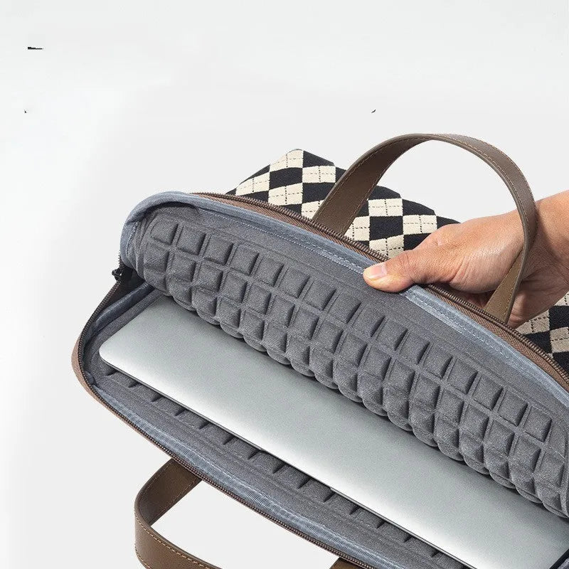 Protective padded laptop sleeve with airbag lining, zip closure, and leather carry loop, Diamond Apricot colour