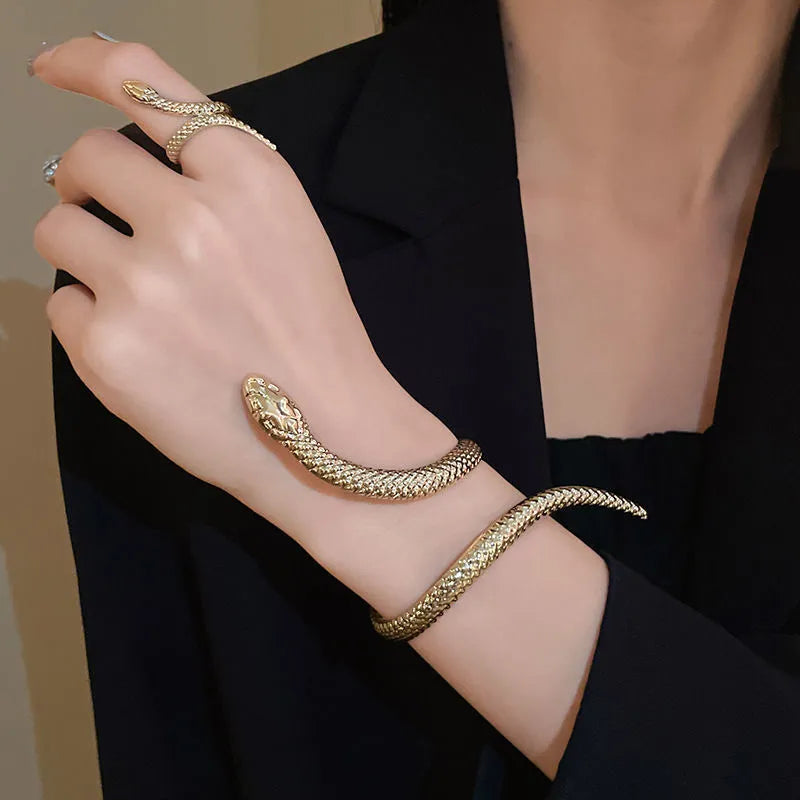 Gold and silver exaggerated twisted winding snake design bracelet and ring two-piece jewellery set