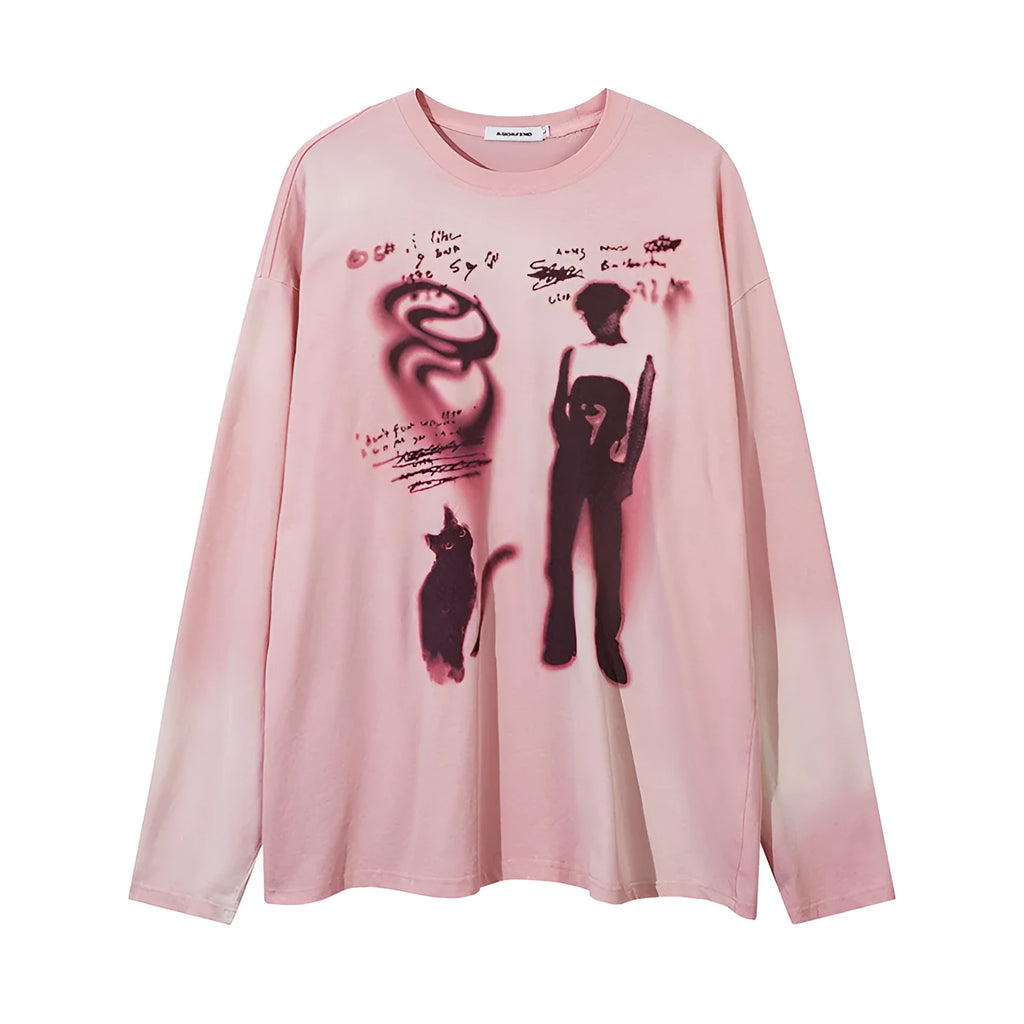 Loose grey cotton pullover top with drop shoulders and letter pattern print