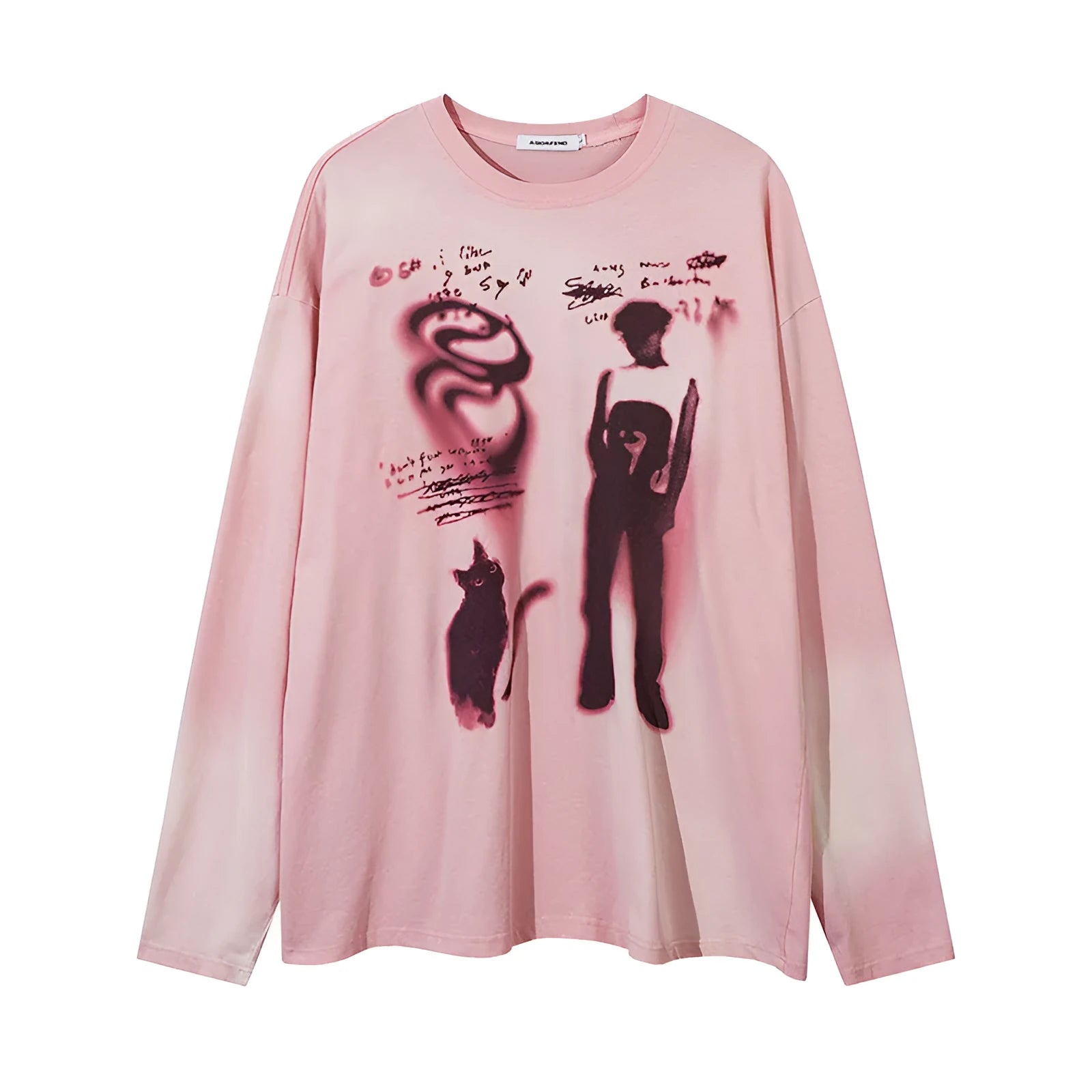 Loose grey cotton pullover top with drop shoulders and letter pattern print