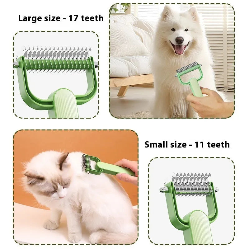 Green and grey dog hair unknotting comb with PP handle and stainless steel teeth