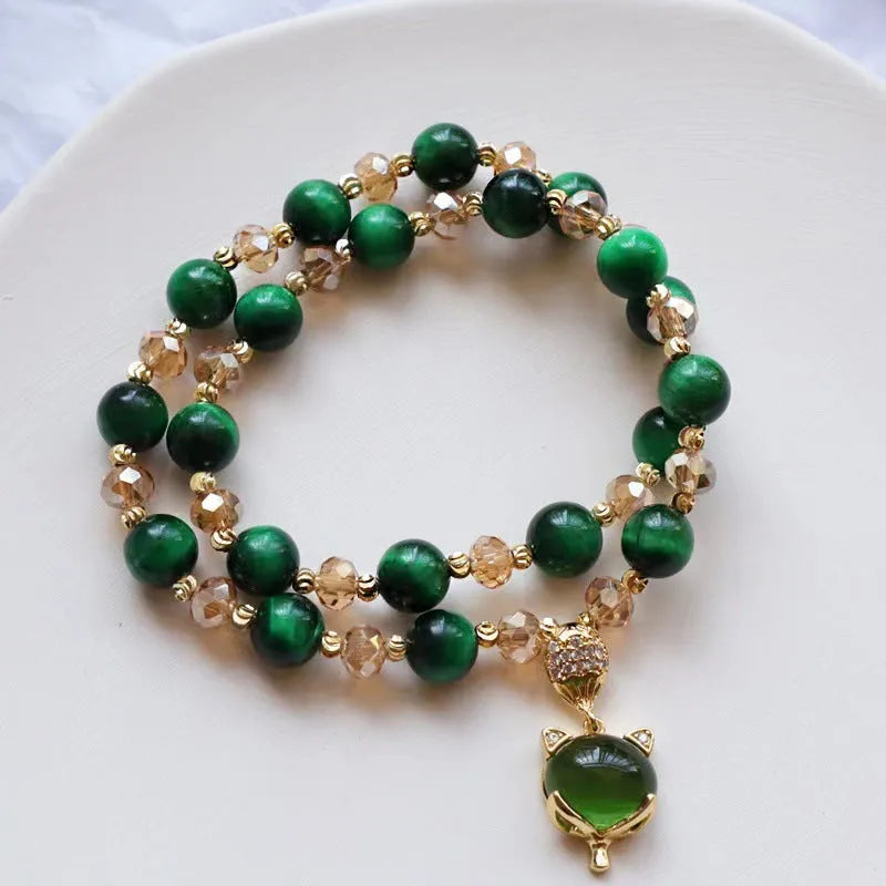 Handmade Tigereye crystal bracelet on a single chain and double chain in green and rose red styles.
