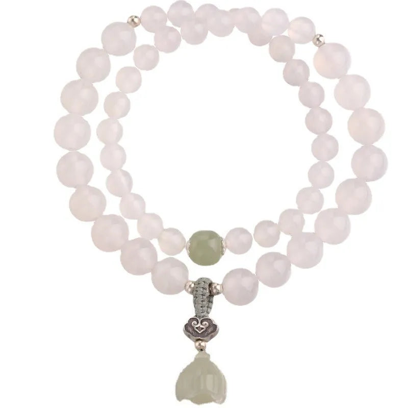 Women's bracelet with S925 silver and white agate Hetian jade in geometric lotus design